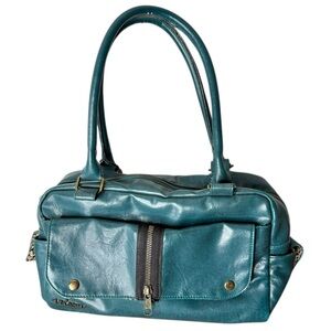 VOLCOM Teal Blue Faux Leather Vinyl Satchel Bowler Shoulder Bag Y2K *FLAW*